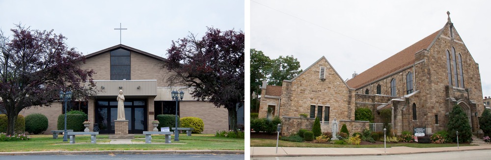Diocese of Greensburg background check investigation. Two pictures, one each of the two church buildings.