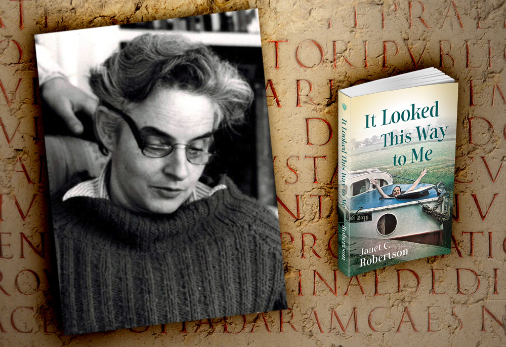 Janet Robertson and her memoir, It Looked This Way to Me (Courtesy of Luminare Press; background photo: Wikimedia Commons/Arnaud Fafournoux)