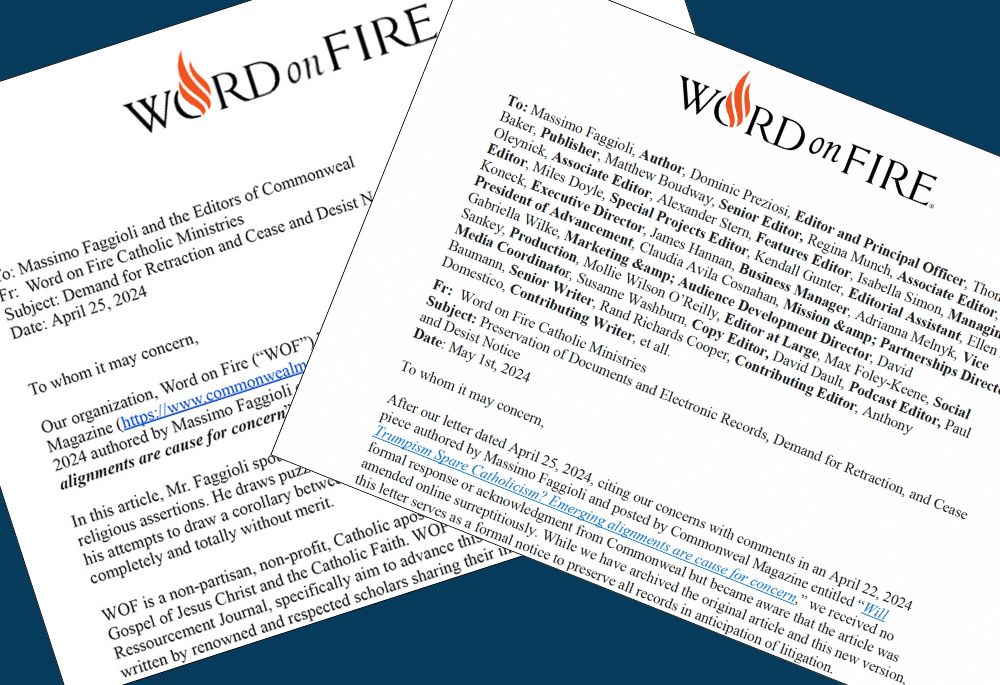 Word on Fire, a media organization led by Bishop Robert Barron, has sent a second letter to a Commonweal magazine, threatening again to sue the outlet and one of its contributors. Screengrabs of both letters are included in this graphic. (NCR graphic)