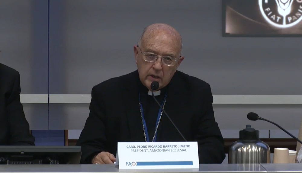 Amazonian Bishop's Conference Cardinal, seated, speaks as part of panel.