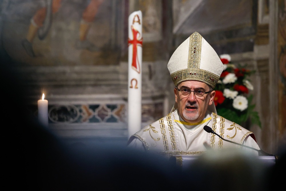 Cardinal Pierbattista Pizzaballa Cardinal Pizzaballa, vested, preaches at lectern