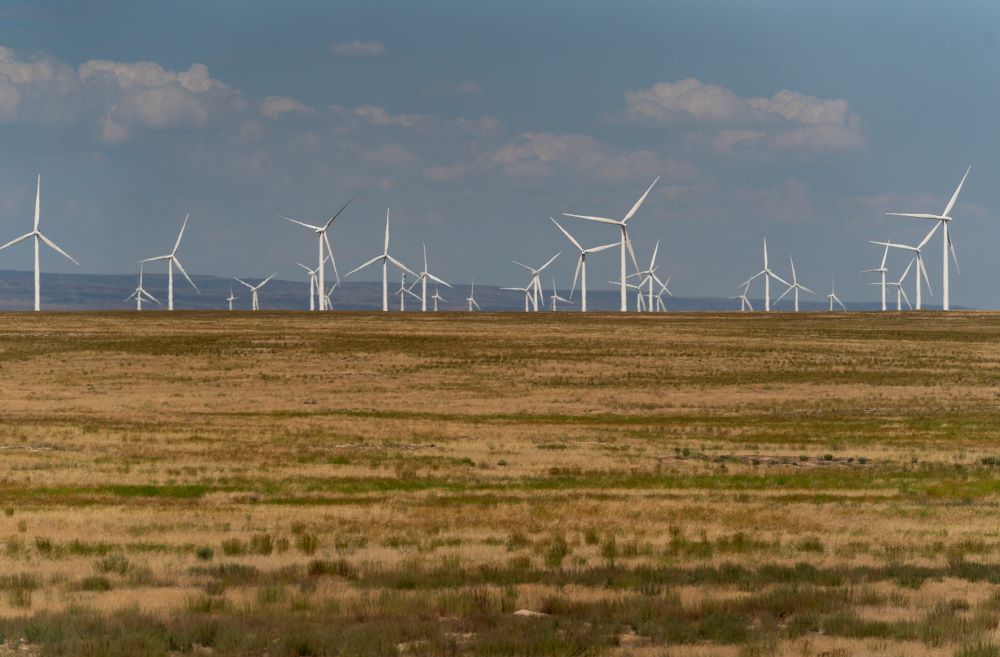 Wind turbines are seen from Interstate 84, July 9, 2023, near Hammett, Idaho.