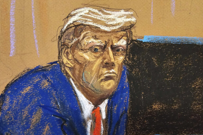 Trump felony conviction Bright caricature sketch of Trump in court