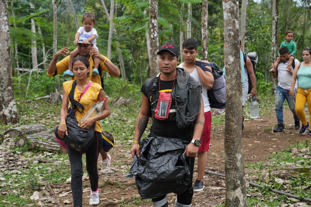 Venezuelan migrants. People walk through wooded area.