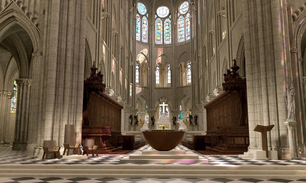 Notre Dame de Paris Cathedral, restored, 2024. Vast, towering interior of cathedral filled with soft light.