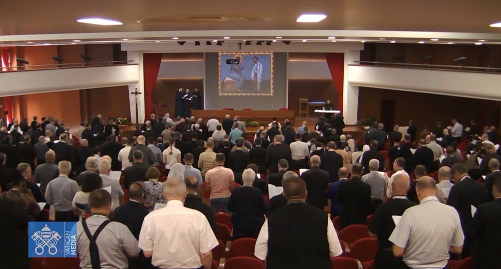 Members of the assembly of the Synod of Bishops recite morning prayer during their retreat outside of Rome in this screen grab from Oct 2, 2023. Members of the assembly of the Synod of Bishops recite morning prayer during their retreat outside of Rome in this screen grab from Oct 2, 2023.