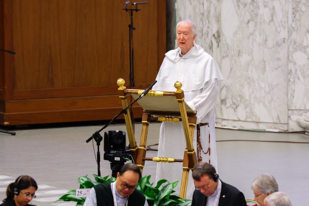 Dominican Father Timothy Radcliffe, spiritual adviser to the assembly of the Synod of Bishops, addresses the gathering in the Vatican's Paul VI Audience Hall Oct. 23, 2023. Dominican Father Timothy Radcliffe, spiritual adviser to the assembly of the Synod of Bishops, addresses the gathering in the Vatican's Paul VI Audience Hall Oct. 23, 2023.