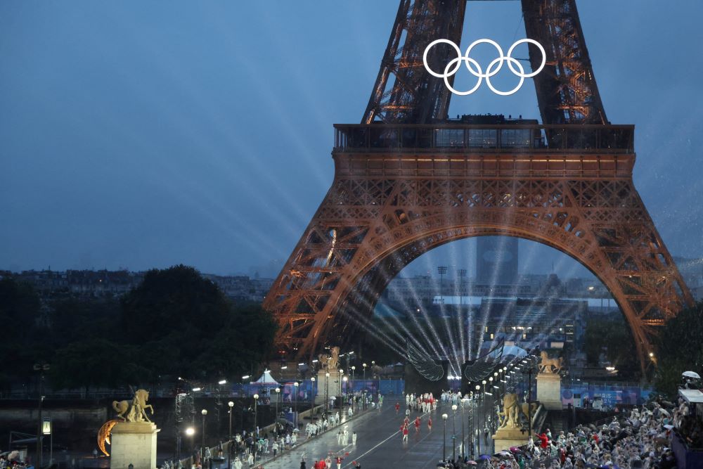 The Eiffel Tower is seen July 26 during the opening ceremony of the Paris 2024 Olympic Games. The Eiffel Tower is seen July 26 during the opening ceremony of the Paris 2024 Olympic Games.