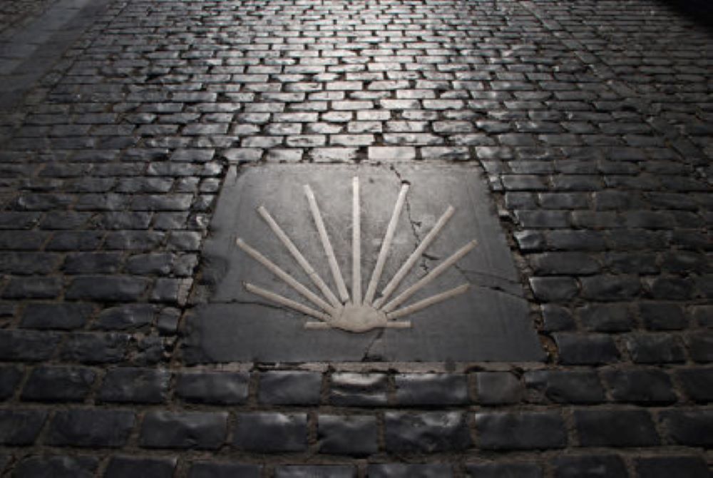 A shell symbol of the Camino de Santiago is seen along the pilgrimage route in Logroño, Spain.