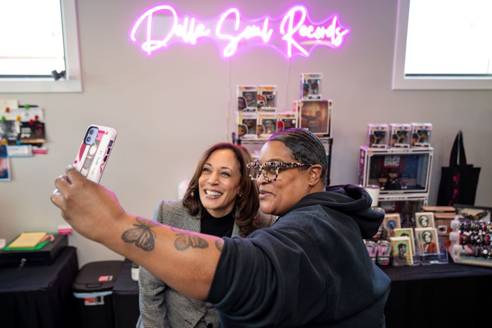 Vice President Kamala Harris poses for a photo with Della Marie Levi, owner of Della Soul Records, the first Black woman-owned vinyl record store in Grand Rapids, Michigan, Feb. 22. Vice President Kamala Harris poses for a photo with Della Marie Levi, owner of Della Soul Records, the first Black woman-owned vinyl record store in Grand Rapids, Michigan, Feb. 22.