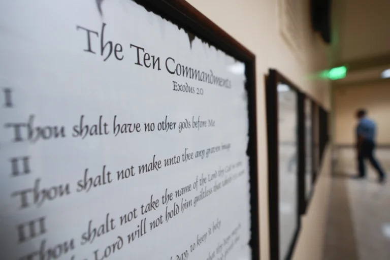 Ten Commandments Ten Commandments written on plaque hanging on wall.