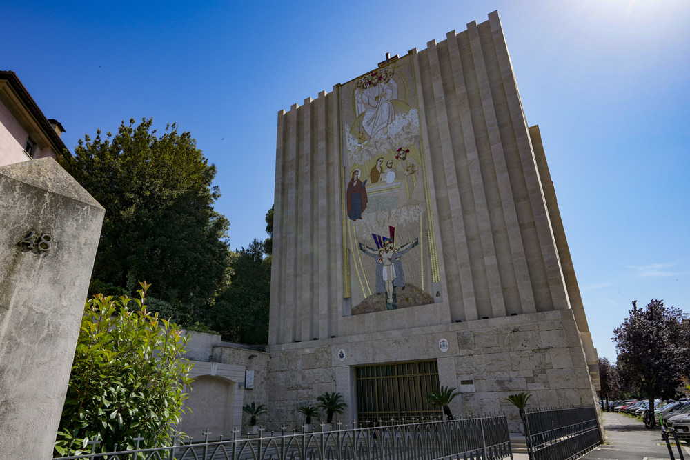 Marko Rupnik murals, Church of Our Lady of the Canadian Martyrs, Rome Mosaics seen on building tower