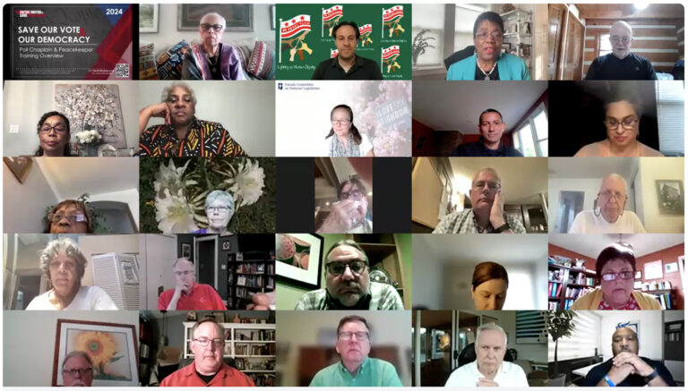 Faiths United to Save Democracy, online training, 2024. Numerous participant faces shown on screen.