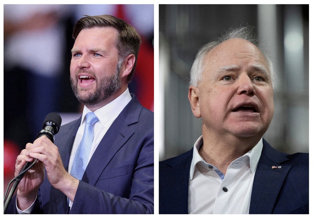 2024 VP nominees JD Vance and Tim Walz. Side by side of Vance and Walz public-speaking.
