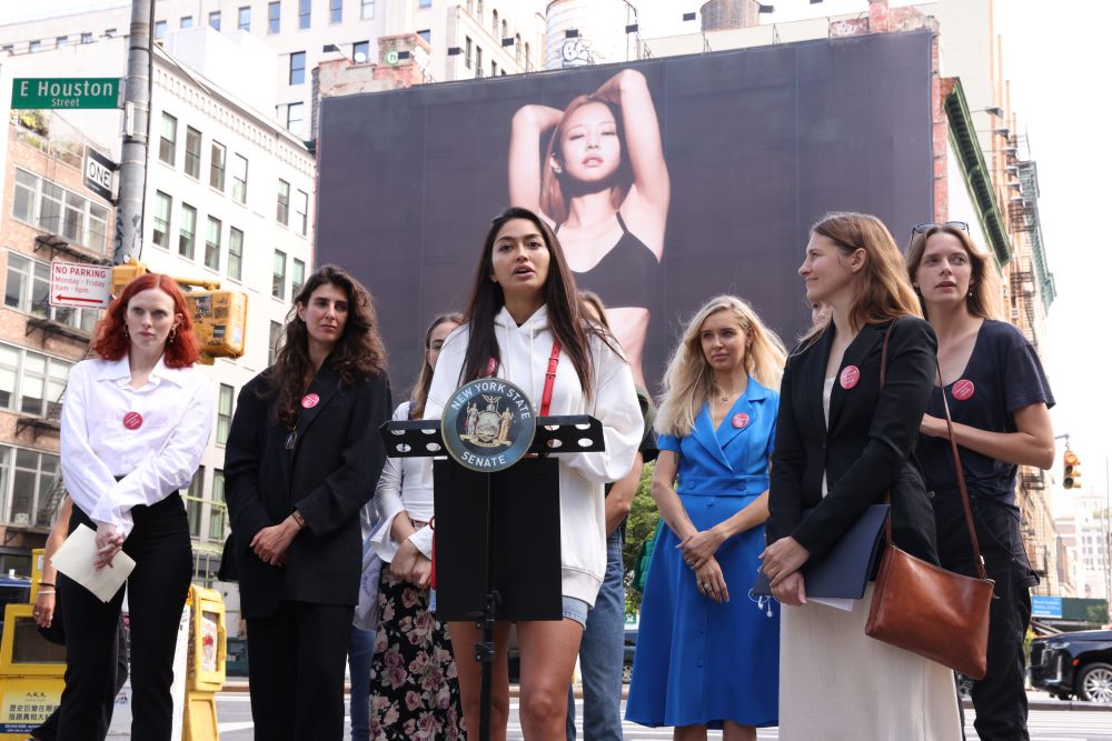 Ambra Battilana Gutierrez speaks at a press conference in New York Ambra Battilana Gutierrez speaks at a press conference in New York
