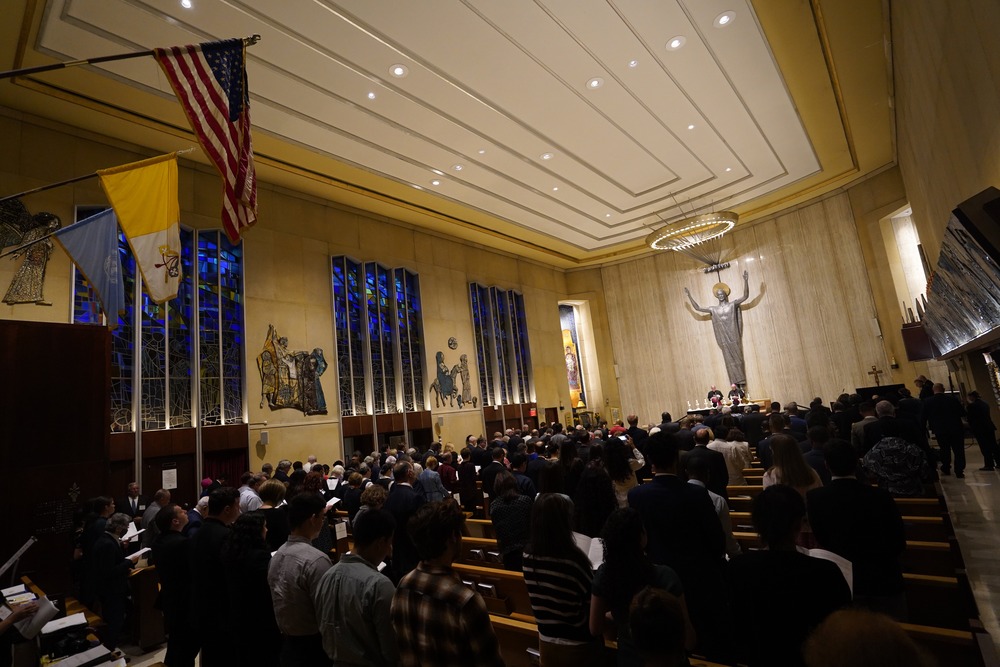 United Nations prayer service, hosted by Holy See at the Church of the Holy Family, New York City, Sept. 12, 2022. Sanctuary of Holy Family shown from rear, filled to capacity.