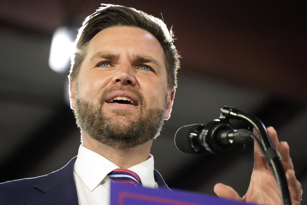 Republican Vice-Presidential Nominee, JD Vance, Aug. 28, 2024. Close-up of Vance's face as he speaks into a microphone.