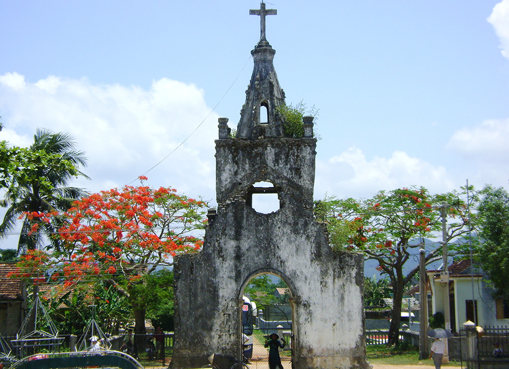 The remains of Yen Thanh convent's old chapel, destroyed by U.S. bombings in June 1965. The bell tower is pictured on June 28, 2024, in Nghe An province, Vietnam. (GSR photo)