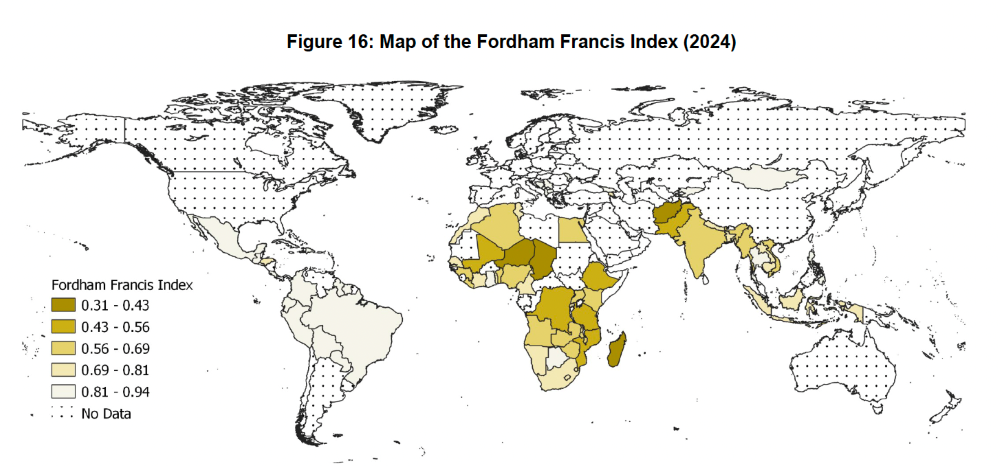 This map highlights the geographical distribution of the Fordham Francis Index scores across the sample of 71 countries. This map highlights the geographical distribution of the Fordham Francis Index scores across the sample of 71 countries.