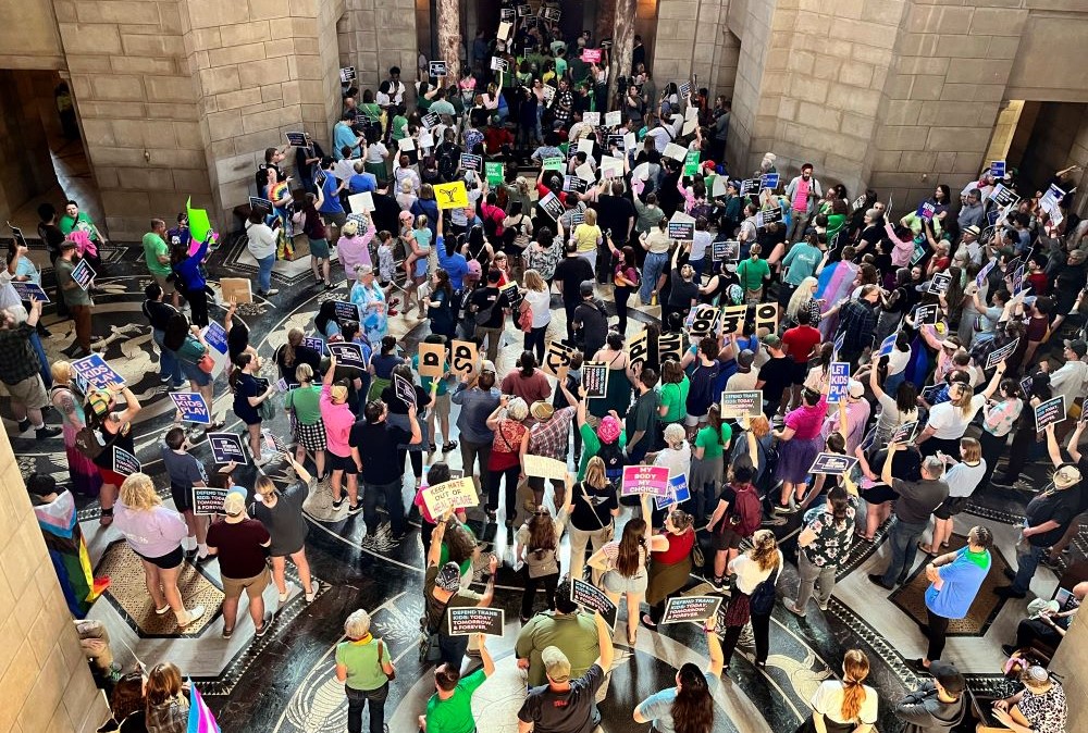 Hundreds of people gather at the Nebraska Capitol to protest against a proposed abortion ban, in Lincoln, on May 16, 2023. Hundreds of people gather at the Nebraska Capitol to protest against a proposed abortion ban, in Lincoln, on May 16, 2023.