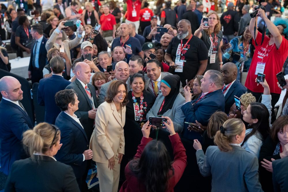 Vice President Kamala Harris poses with attendees after speaking at the UNITE HERE Constitutional Convention June 21 in New York City. Vice President Kamala Harris poses with attendees after speaking at the UNITE HERE Constitutional Convention June 21 in New York City.