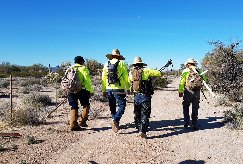 Voluntarios de Águilas del Desierto Volunteers from Aguilas del Desierto, a search and rescue organization, search the desert for people crossing the southern border into the United States or who have died in the attempt. (Courtesy of Aguilas del Desierto)