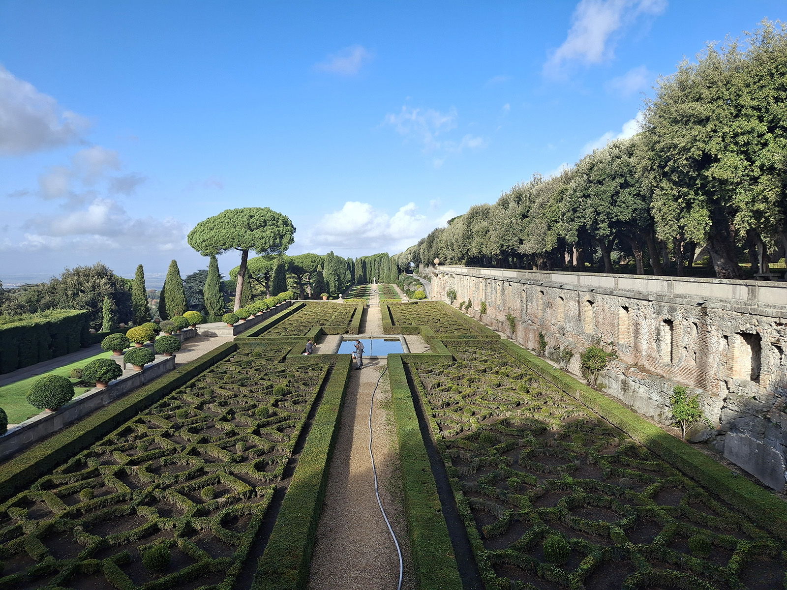 Gardens of Castel Gandolfo, Nov. 27, 2024, Italy. Aerial view of long topiary section.
