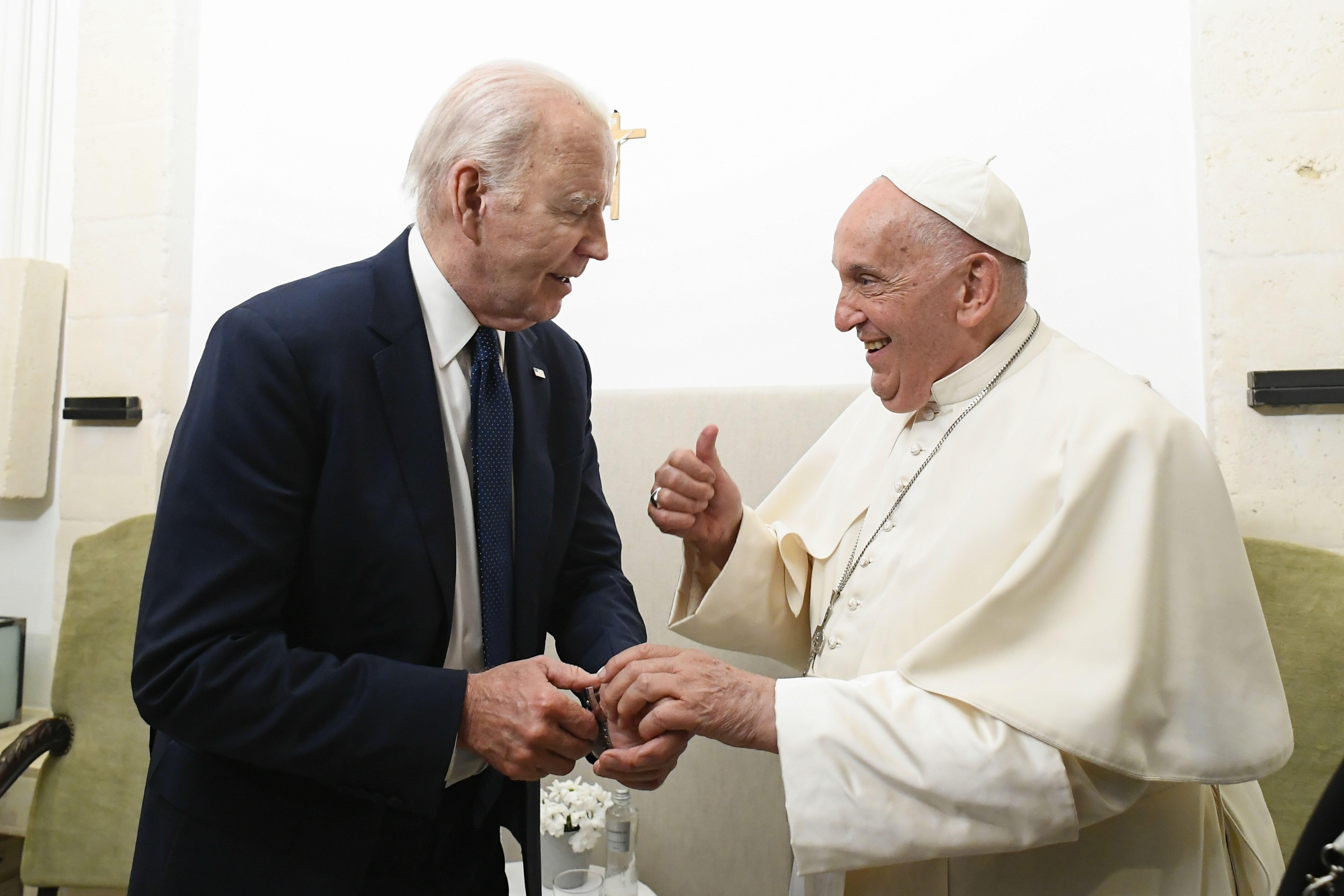 Pope Francis gives U.S. President Joe Biden a thumbs up during a private meeting on the margins of the Group of Seven summit in Borgo Egnazia, in Italy's southern Puglia region, June 14, 2024. (CNS/Vatican Media) Pope Francis gives U.S. President Joe Biden a thumbs up during a private meeting on the margins of the Group of Seven summit in Borgo Egnazia, in Italy's southern Puglia region, June 14, 2024. (CNS/Vatican Media)