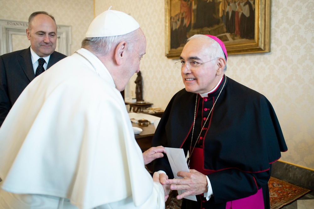 Pope Francis greets then-Bishop Joe S. Vásquez of Austin, Texas, Jan. 20, 2020, Vatican City. Pope Francis and newly appointed Archbishop of Galveston-Houston Joe S. Vásquez.