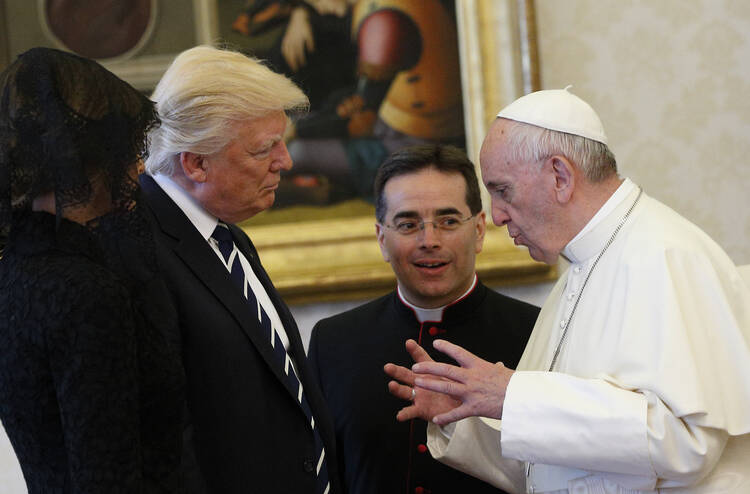 Pope Francis talks with U.S. President Donald Trump during a private audience at the Vatican May 24 (CNS photo/Paul Haring). Pope Francis talks with U.S. President Donald Trump during a private audience at the Vatican May 24 (CNS photo/Paul Haring).