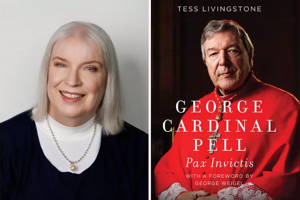 Tess Livingstone and cover of "George Cardinal Pell" Tess Livingstone, author of "George Cardinal Pell: Pax Invictis." (Courtesy of Carmel Communications and Ignatius Press)