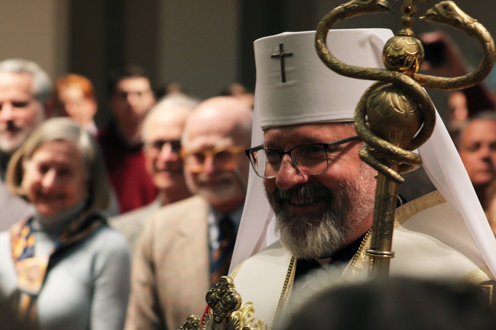 Major Archbishop Sviatoslav Shevchuk, patriarchal head of the Ukrainian Greek Catholic Church, Ukrainian Catholic National Shrine of the Holy Family in Washington, Feb. 18, 2025. The bishop wears Greek vestments and carries staff.