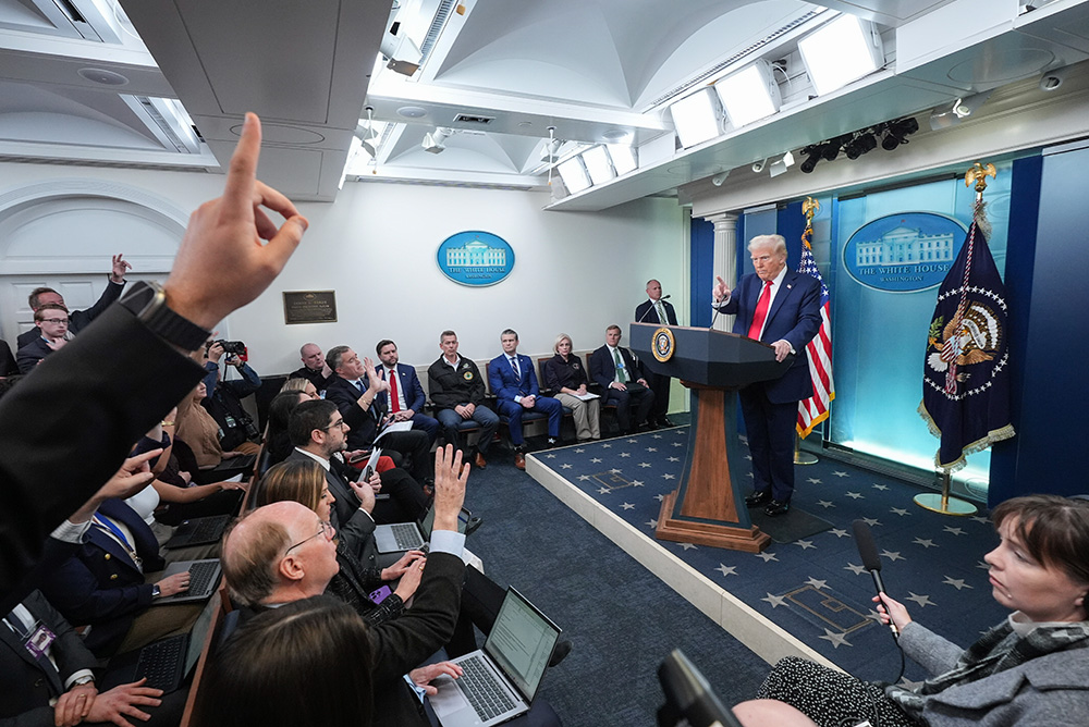 Donald Trump speaking to reporters White House