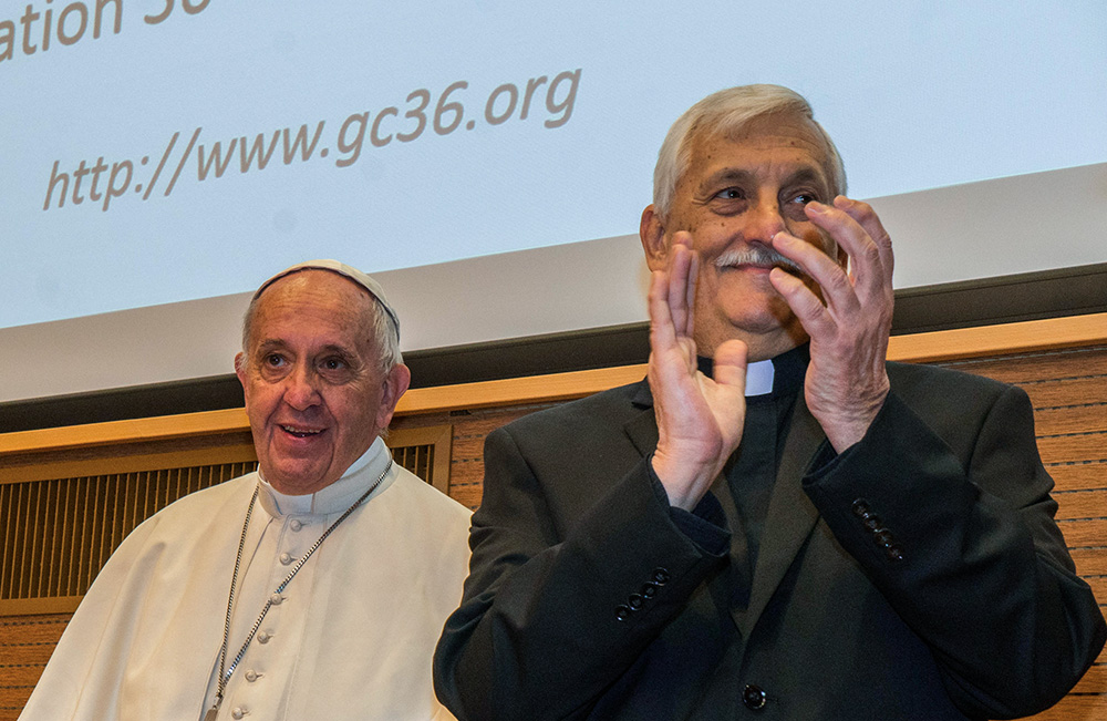 Pope Francis is seen next to Fr. Arturo Sosa, then the newly elected superior general of the Society of Jesus, at the Jesuits' 36th general congregation in Rome Oct. 24, 2016. (CNS/Don Doll, SJ) 