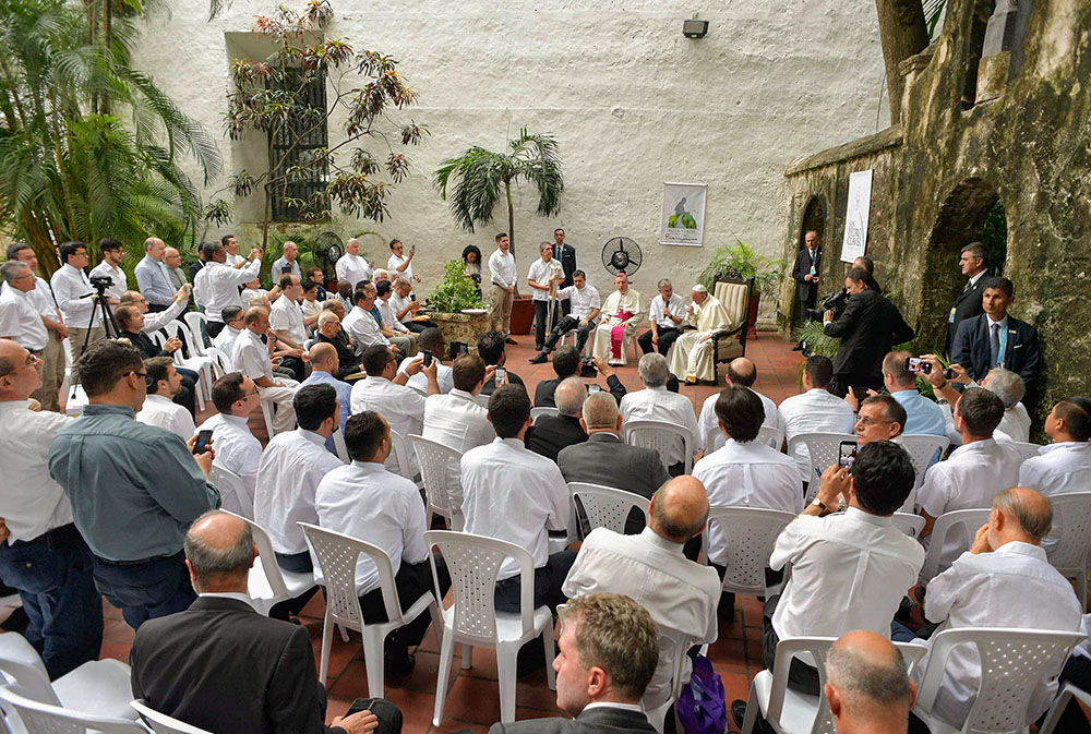 Pope Francis answers questions from his Jesuit confreres in Cartagena, Colombia, on Sept. 10, 2017. (CNS/handout, L'Osservatore Romano)