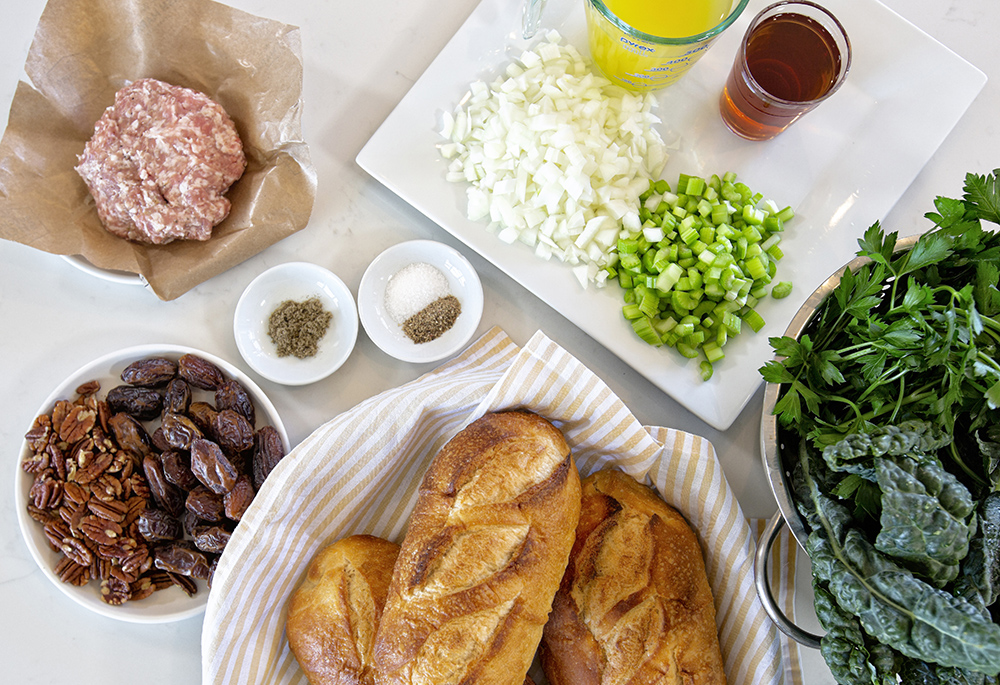 A spread of food ingredients are is displayed on a table in an overhead shot. (CNS/Nancy Wiechec)