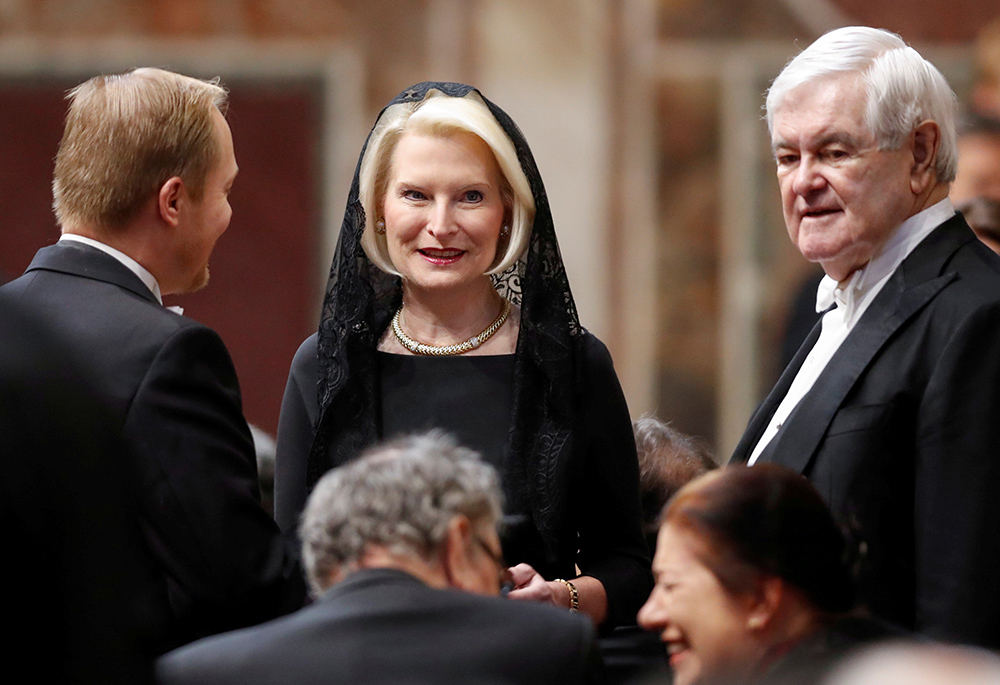 Then-Ambassador to the Holy See Callista Gingrich, accompanied by her husband Newt, attends an audience for the traditional exchange of new year's greetings with Pope Francis in the Sala Regia at the Vatican Jan. 9, 2020. (CNS/Remo Casilli, Reuters pool)