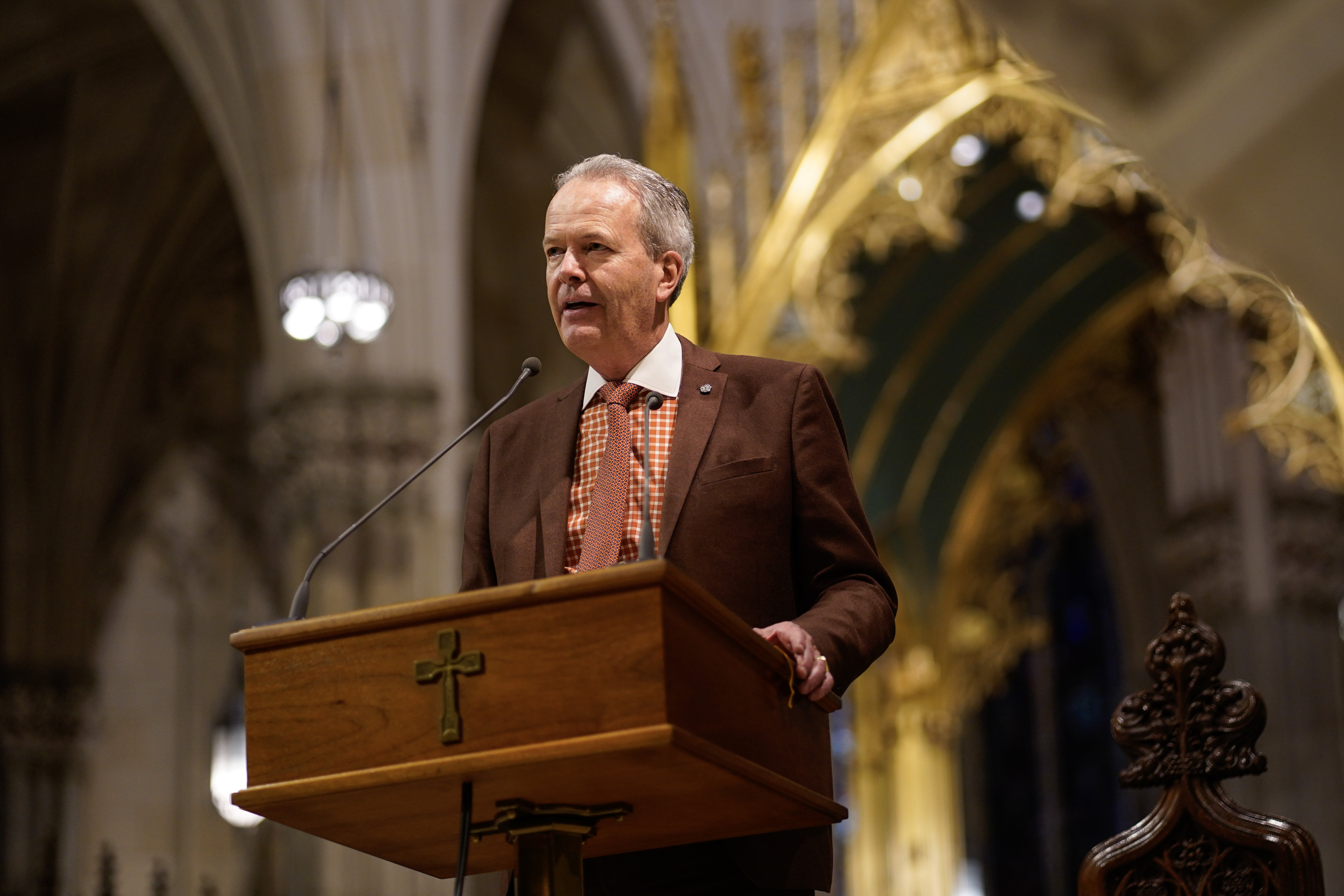 Timothy Busch, co-founder and board chair of the Napa Institute, speaks at St. Patrick's Cathedral in New York City Oct. 15, 2024, before participating in a eucharistic procession that was organized by the Napa Institute and the Hallow prayer app. (OSV News/Gregory A. Shemitz)