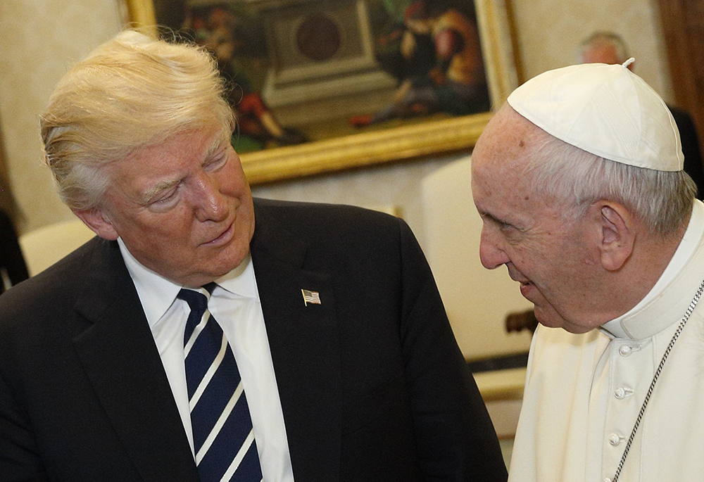 Pope Francis talks with U.S. President Donald Trump during a private audience at the Vatican on May 24, 2017. Trump announced Dec. 20, 2024, that he was appointing Brian Burch of CatholicVote as the next Holy See ambassador. (CNS/Paul Haring)