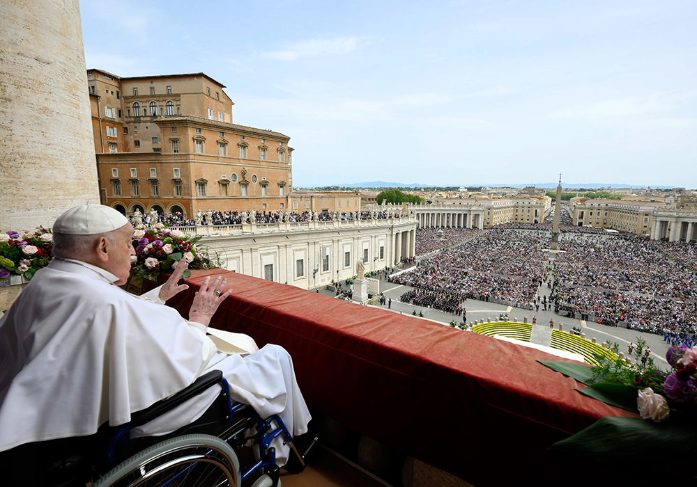 Pope Francis appears on the central balcony of St. Peter’s Basilica to deliver his Easter blessing "urbi et orbi" (to the city and the world) at the Vatican on April 20, 2025. (CNS photo/Vatican Media)