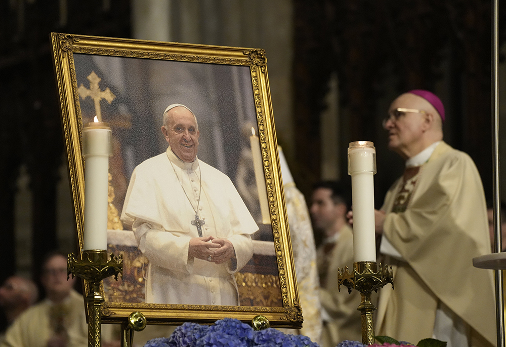 A portrait of Pope Francis is seen in the sanctuary of St. Patrick's Cathedral in New York City during a memorial Mass for the late pontiff April 22, 2025. Francis, formerly Argentine Cardinal Jorge Mario Bergoglio, died April 21 at age 88. (OSV News/Gregory A. Shemitz)