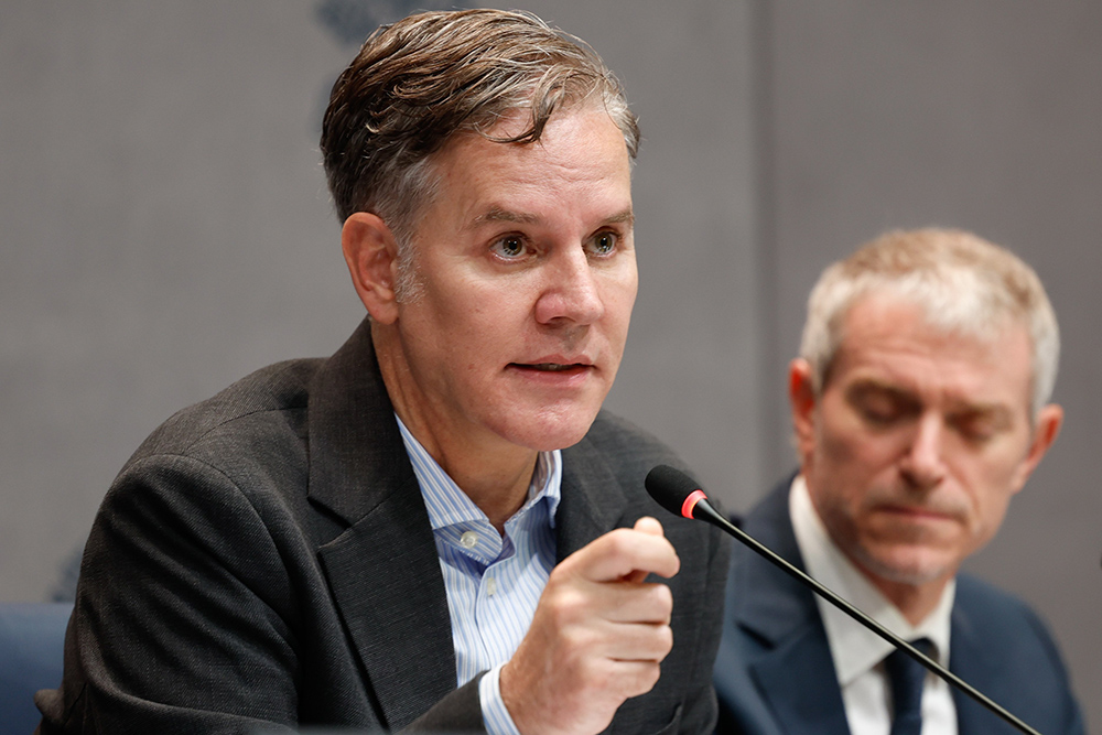 Juan Carlos Cruz, a Chilean communications executive, abuse survivor and member of the Pontifical Commission for the Protection of Minors, speaks at a news conference at the Vatican Oct. 29, 2024, about the commission’s first pilot annual report. (CNS/Lola Gomez)