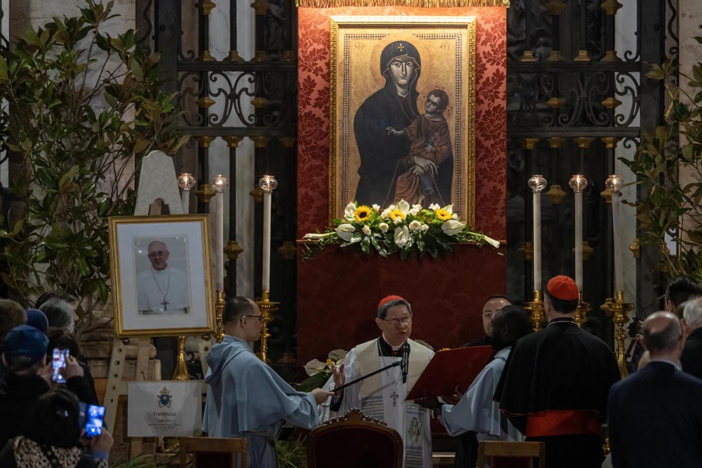Philippine Cardinal Luis Antonio Tagle leads the recitation of the rosary for the repose of the soul of Pope Francis April 24, 2025, at Rome's Basilica of St. Mary Major, where the pope is to be buried April 26. (CNS/Pablo Esparza)