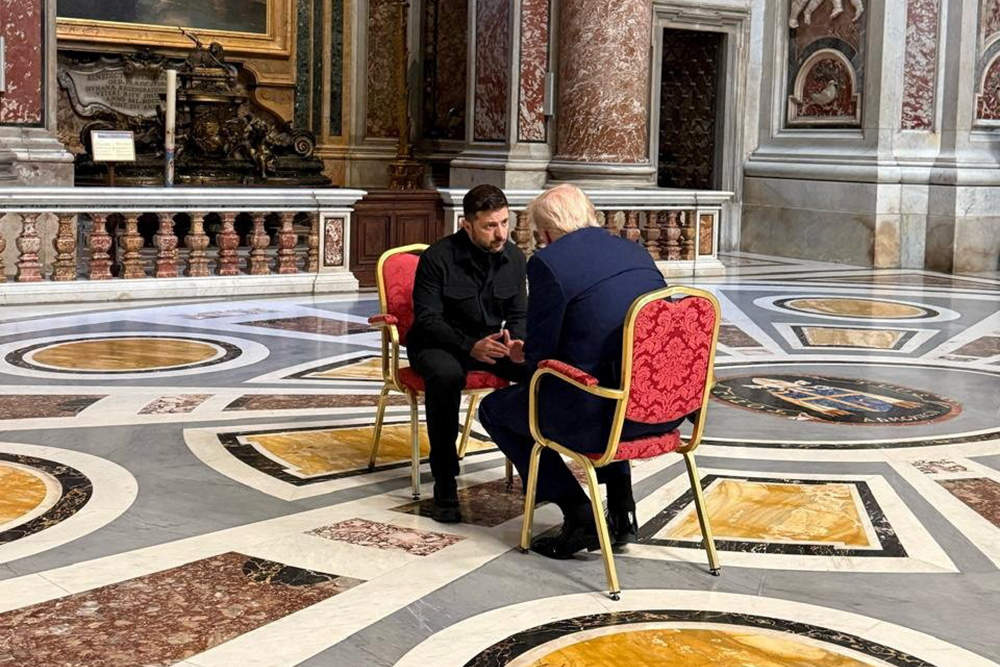 Ukrainian President Volodymyr Zelenskyy and U.S. President Donald Trump meet in St. Peter's Basilica ahead of the funeral of Pope Francis at the Vatican April 26, 2025. (OSV News/Ukrainian Presidential Press Service handout via Reuters)