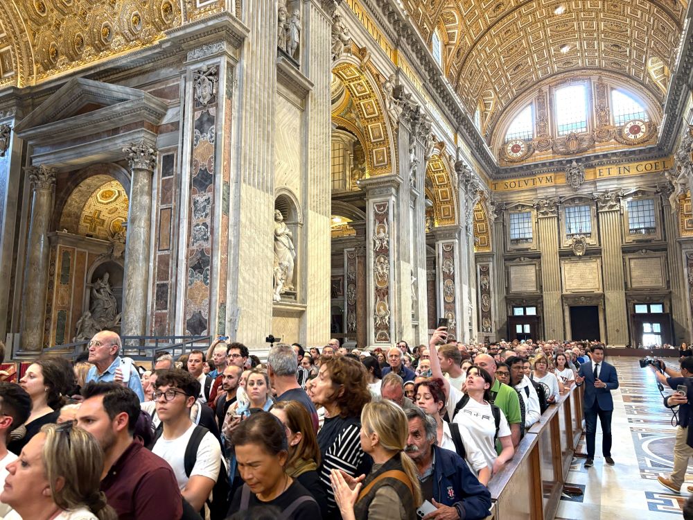 An hourslong procession of mourners filled St. Peter's Basilica April 23 to pay respects to Pope Francis, who died April 21. An hourslong procession of mourners filled St. Peter's Basilica April 23 to pay respects to Pope Francis, who died April 21.
