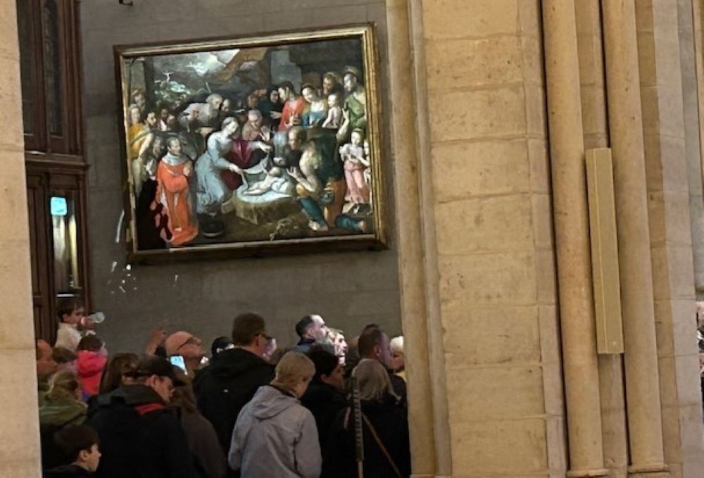 Mass attendees fill Notre-Dame de Paris on April 23, two days after Pope Francis died at age 88. The painting is "The Nativity" by Jérôme Francken. (NCR photo/Jason Berry) Mass attendees fill Notre-Dame de Paris on April 23, two days after Pope Francis died at age 88. The painting is "The Nativity" by Jérôme Francken. (NCR photo/Jason Berry)