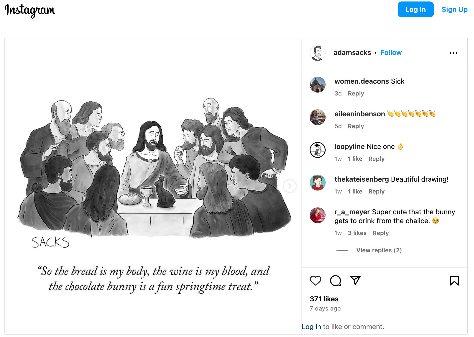 An Instagram post by artist Adam Sacks of his cartoon for the April 14, 2025, issue of The New Yorker (NCR screenshot)