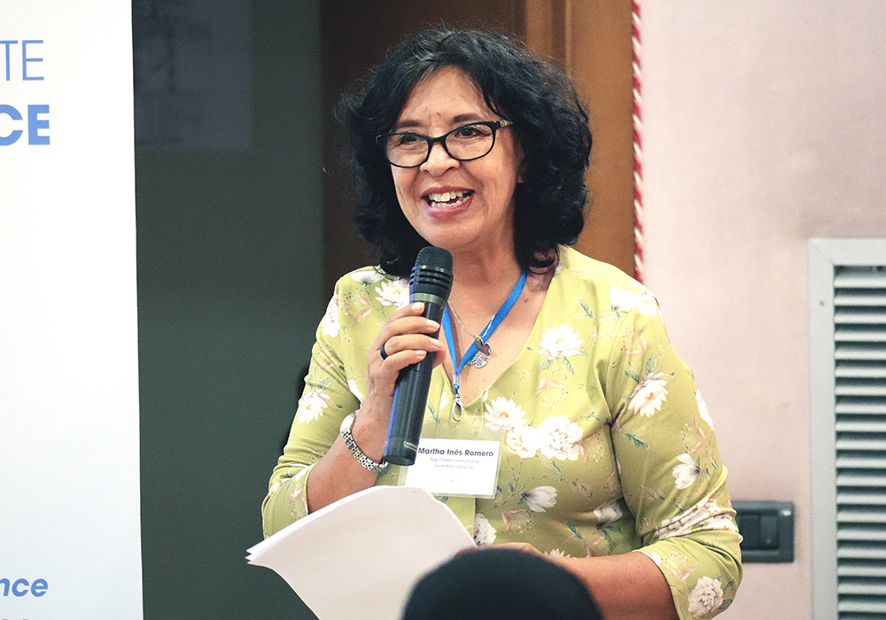 Martha Inez Romero, Pax Christi International secretary general, speaks at the introduction of the Catholic Institute for Nonviolence in Rome on Sept. 29, 2024. (Courtesy of Catholic Nonviolence Initiative)