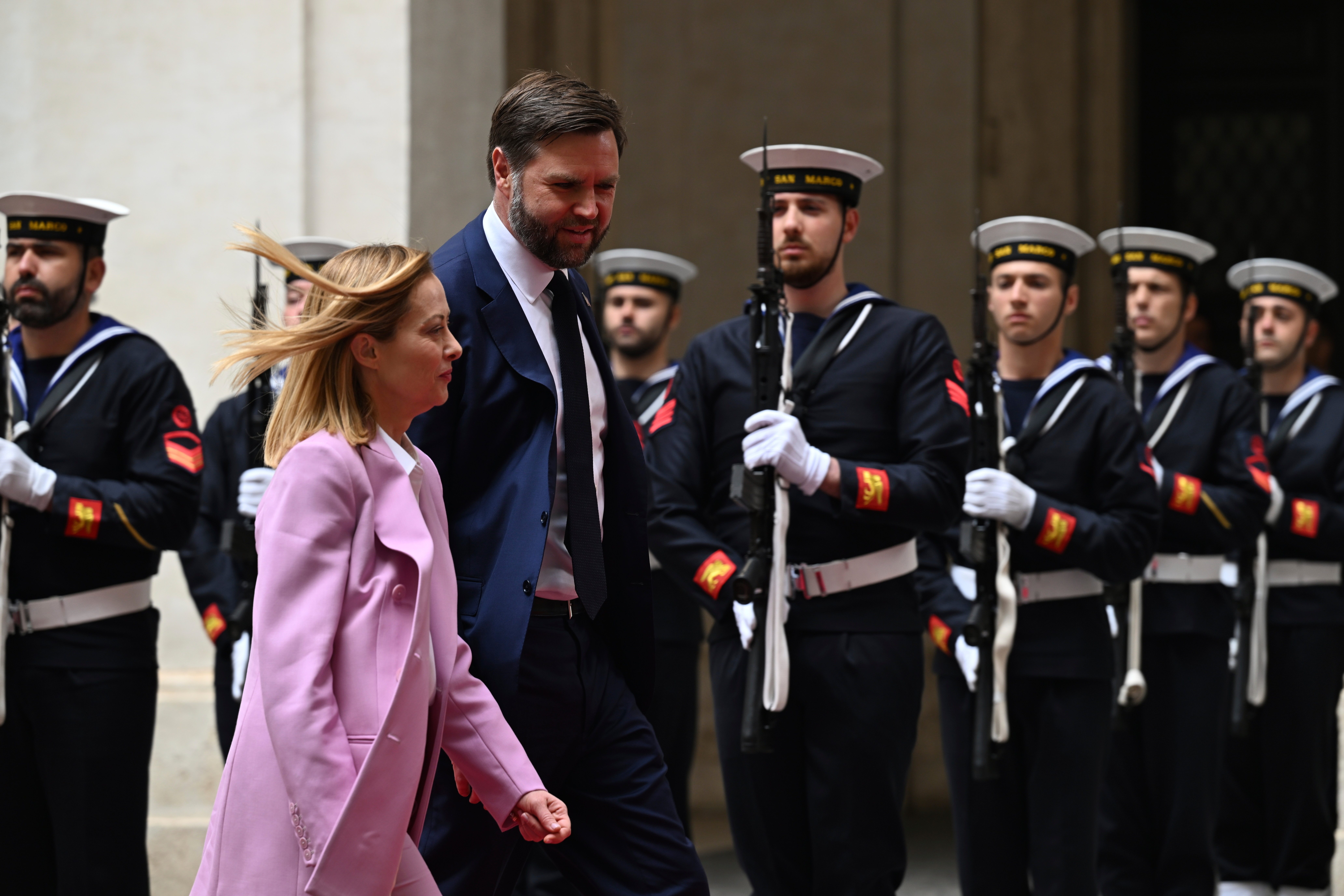 U.S. Vice President JD Vance with Italian Prime Minister Giorgia Meloni U.S. Vice President JD Vance meets with Italian Prime Minister Giorgia Meloni at Chigi Palace in Rome, Italy, Friday April 18, 2025. (Kenny Holston/The New York Times via AP, Pool)