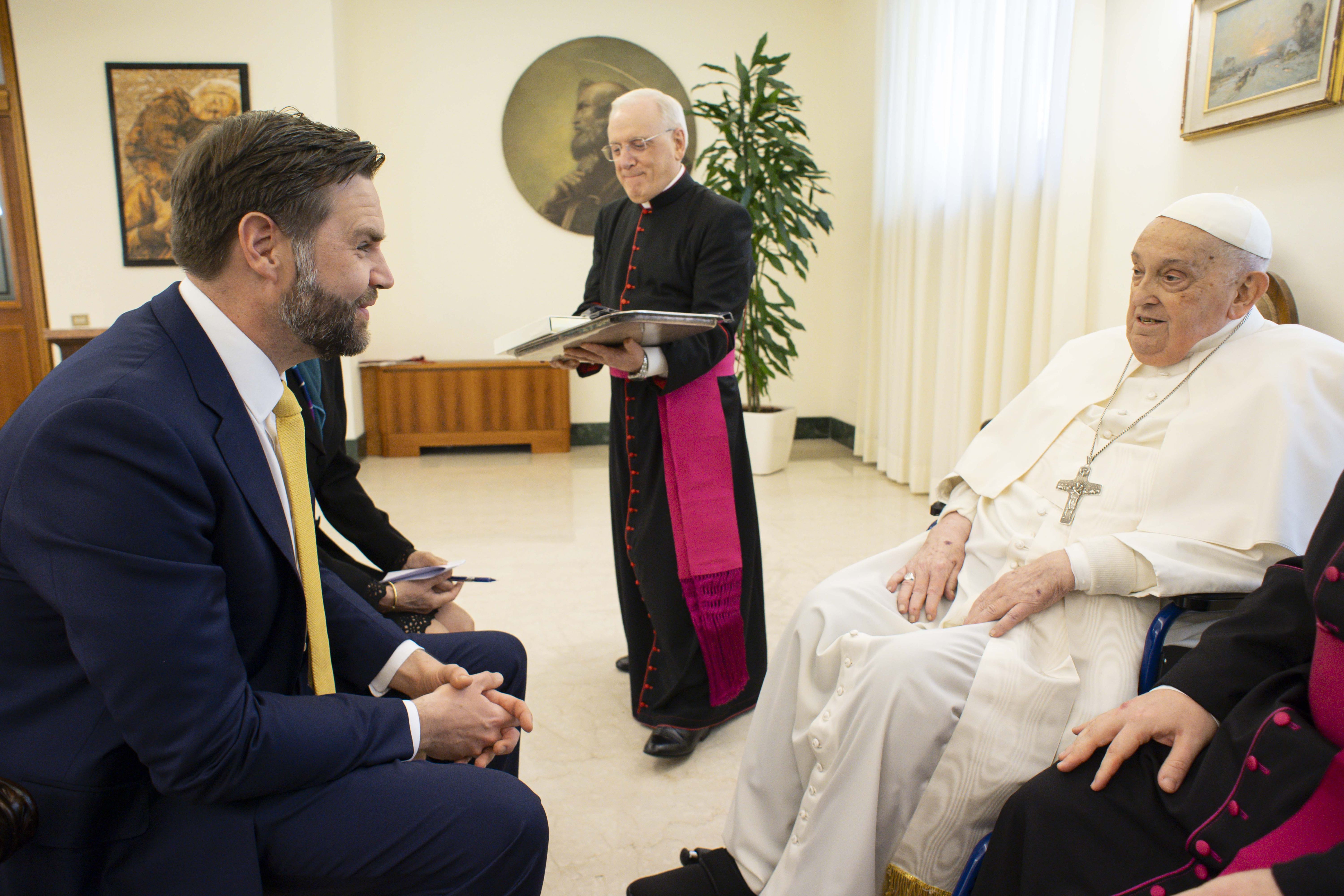 Pope Francis receives U.S. Vice President JD Vance Pope Francis receives U.S. Vice President JD Vance, left, before bestowing the Urbi et Orbi (Latin for to the city and to the world) blessing at the end of the Easter mass presided over by Cardinal Angelo Comastri in St. Peter's Square at the Vatican Sunday, April 20, 2025. At center the head of the papal houshold Bishop Leonardo Sapienza. (Vatican Media via AP, HO)